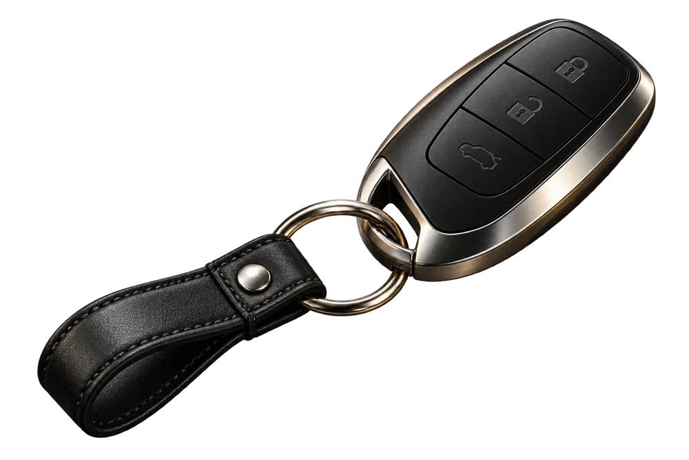 Chave automotiva preta com acabamento metálico e alça de couro.